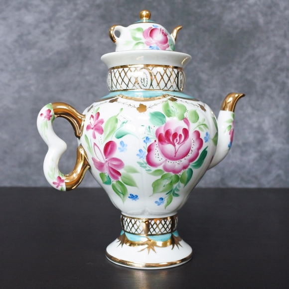 Vintage Lomonosov Imperial Russian Porcelain Light Day Pink Blue Floral Teapot - Picture 7 of 8